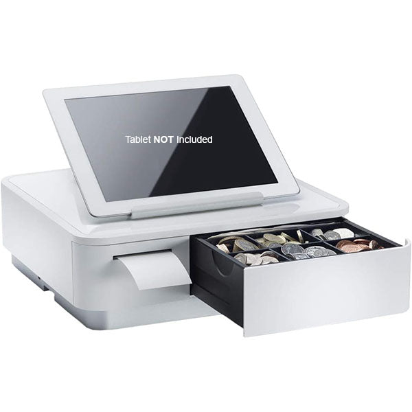 The mPOP POS from PCPOS Systems features a sleek white cash register with an open drawer for coins and notes, a tablet slot (Tablet NOT Included), and a side receipt printer. Enhance your setup with our monthly subscription service for seamless integration and support.