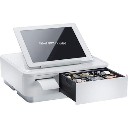 The mPOP POS from PCPOS Systems features a sleek white cash register with an open drawer for coins and notes, a tablet slot (Tablet NOT Included), and a side receipt printer. Enhance your setup with our monthly subscription service for seamless integration and support.