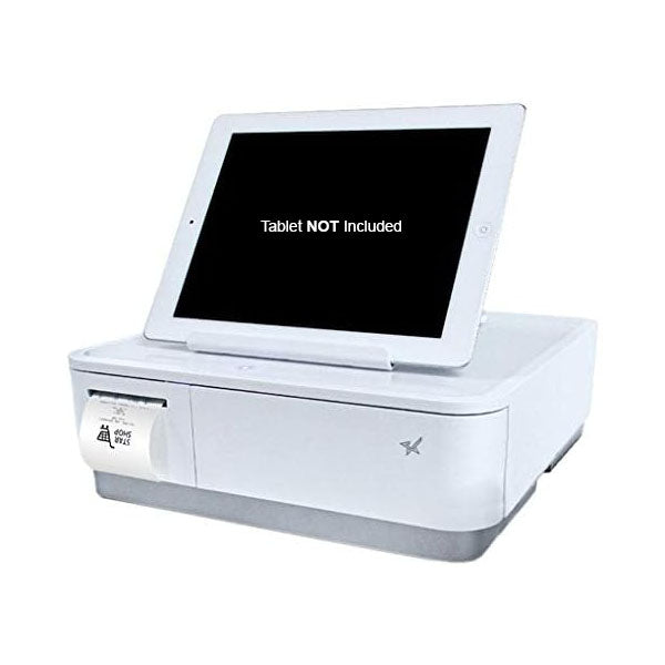 The PCPOS Systems mPOP POS features a white terminal and tablet stand displaying Tablet NOT Included. A receipt reminds customers of the optional Table Service Software - Manager & 1 Server, available with a monthly subscription for enhanced features.