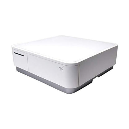 A white, rectangular PCPOS Systems mPOP POS with a minimalist design, featuring a flat top and subtle front logo. It integrates seamlessly with our monthly subscription service for effortless use. The device is set against a white background.