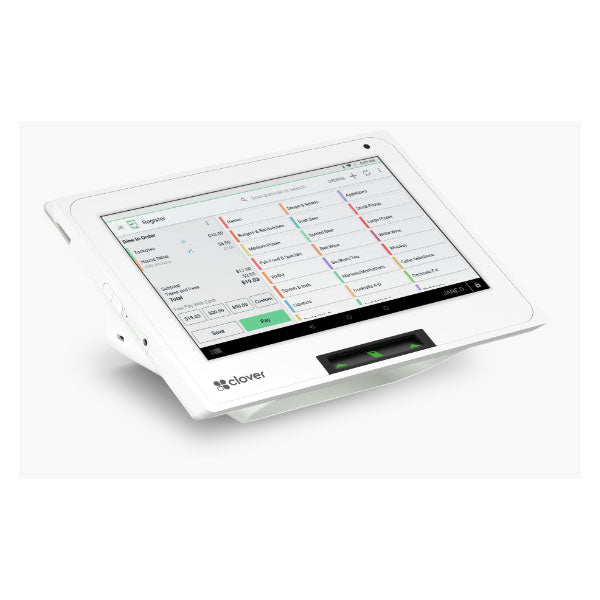 The PCPOS Systems Clover Flex Debit/Credit Terminal, a sleek white device, features a touchscreen displaying a payment interface with listed food items, categories, and prices.