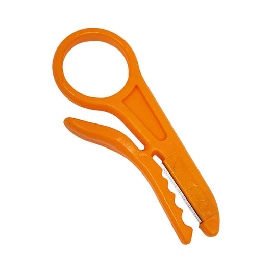 The INF Strip Tool for Wire Diameter 5mm to 6.2mm is an orange plastic tool with a large round handle and curved blade, ideal for stripping insulation from electrical wires or use as a UTP/STP cable stripper.