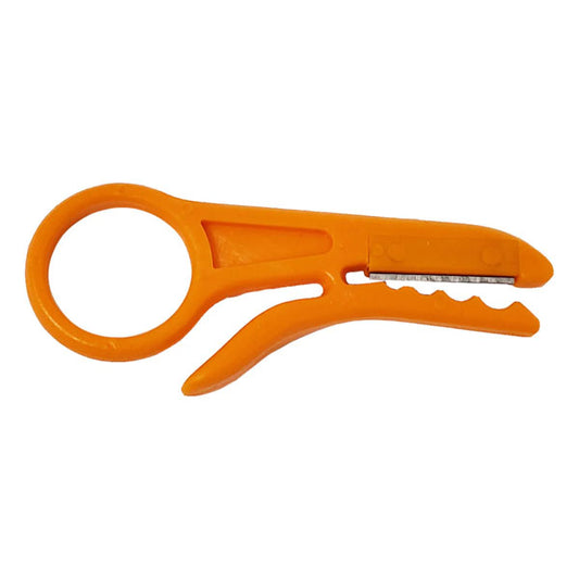 The INF Strip Tool for Wire Diameter 5mm to 6.2mm is an orange plastic tool with a round handle and curved body, featuring a small metal blade for efficiently stripping insulation from network cables.