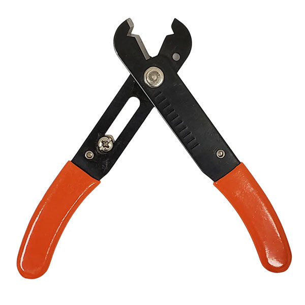 The INF Precision Wire Stripper/Cutter (10AWG–30AWG, 0.5mm–4.0mm) features ergonomic orange plastic handles and a black metal body, displayed open against a white background.