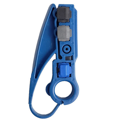 The INF Strip Tool for RG59/62/6/11/7/213/8 & LMR-400 Cable (2-Blade) is a handheld blue cable stripper with a curved handle, circular opening, and adjustable blades for preparing cables for compression connectors.