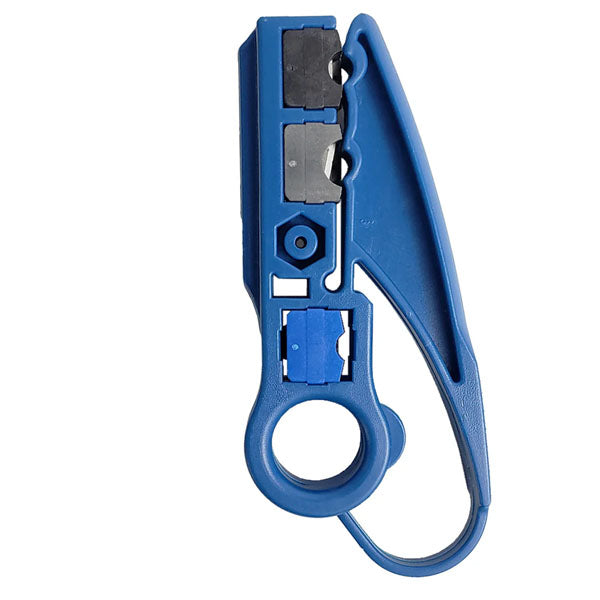 The INF Strip Tool for RG59/62/6/11/7/213/8 & LMR-400 Cable (2-Blade) features a blue design with dual metal blades, looped handle, and curved lever—perfect for cable stripping or cutting, especially when using compression connectors.